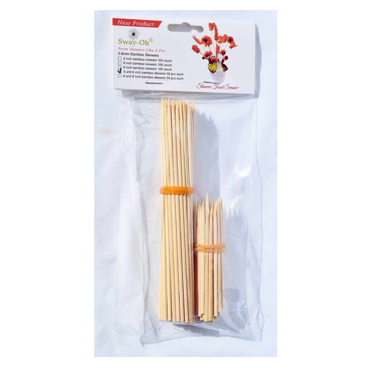 3" and 6" Natural Bamboo Skewers, 100 Count - Ø=2.6mm. Natural Bamboo. Strong, durable, bamboo skewers to display bite-sized fruits, vegetables, meats, cheese, desserts, and other appetizers.